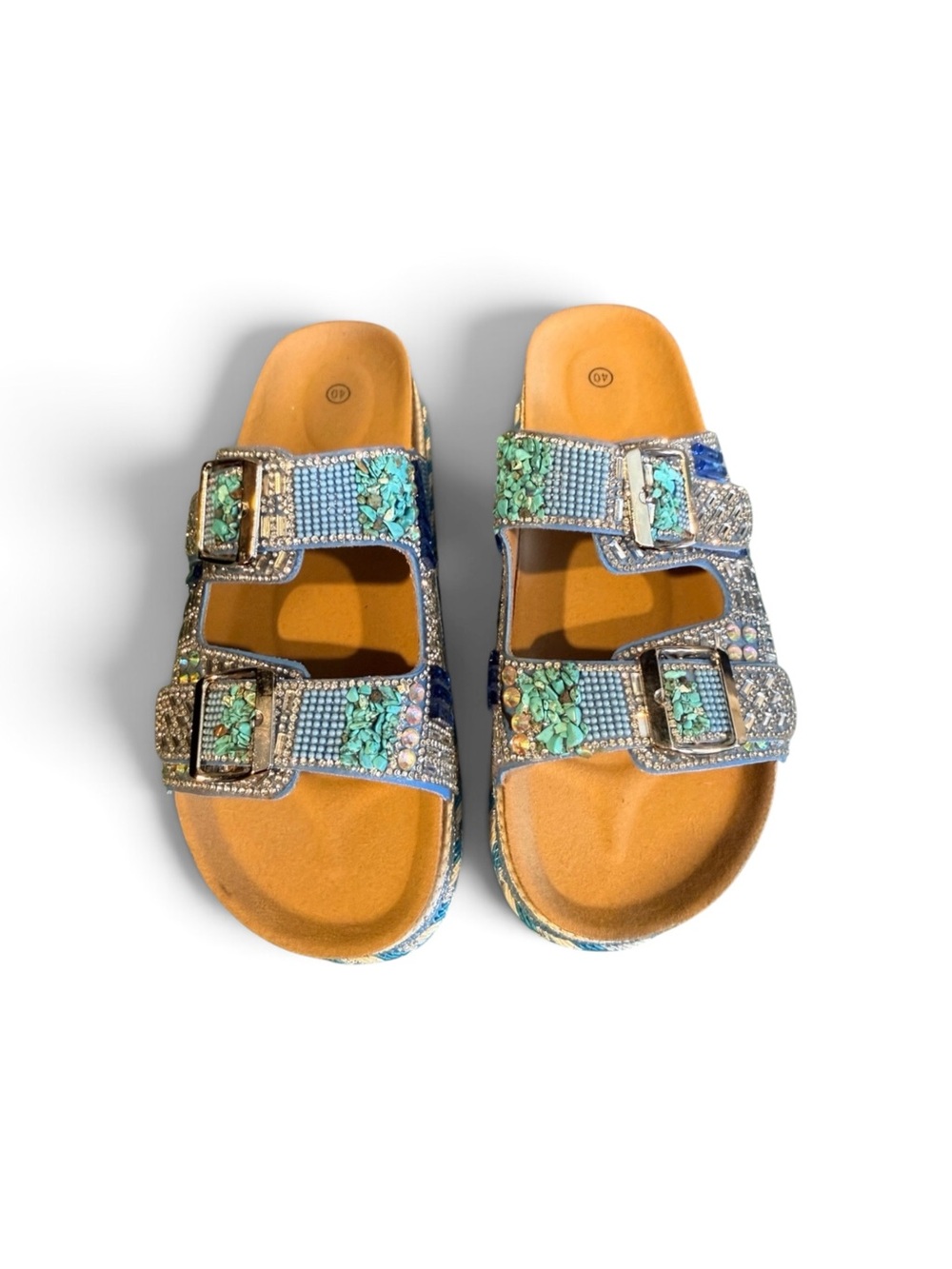 Boutique Sz 9.5 Bedazzled Beaded Blue Platform Slide Sandals Buckle Straps | EUC - Picture 3 of 11